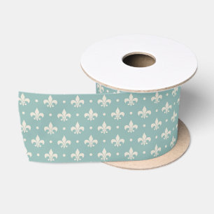 Ruban En Satin Motif Fleur De Lis gris sur fond turquoise