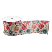 Ruban En Satin Motif Fleur Rétro Rouge Orange Bleu (Bobine)