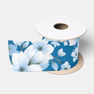 Ruban En Satin motif, fleurs blanches, arrière - plan bleu,
