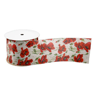 Ruban En Satin Motif floral à coquelicot rouge de style vintage,