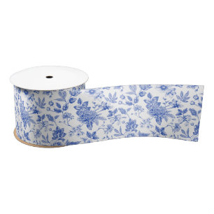 Ruban En Satin Motif floral antique de chinoiserie bleue et blanc