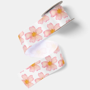 Ruban En Satin Motif floral aquarelle rose