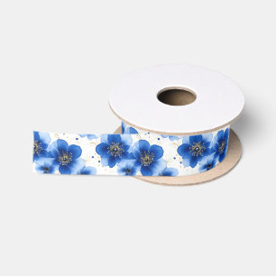 Ruban En Satin Motif floral bleu aux accents dorés