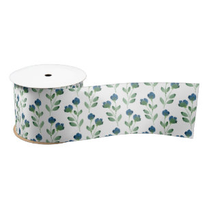 Ruban En Satin Motif floral bleu indigo et vert