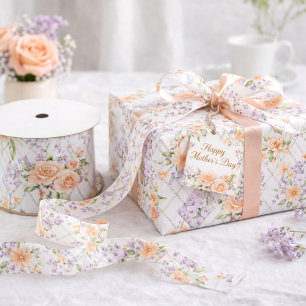 Ruban En Satin Motif Floral Cottagecore aux Roses Pêches et Lavan
