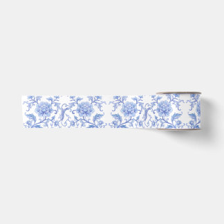 Ruban En Satin Motif floral de chinoiserie bleu blanc vintage