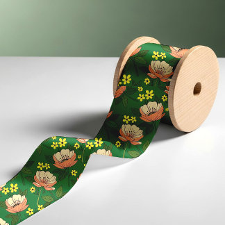Ruban En Satin Motif floral moderne vert émeraude et pêche gras
