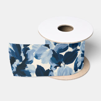 Ruban En Satin Motif floral pictural bleu et marine