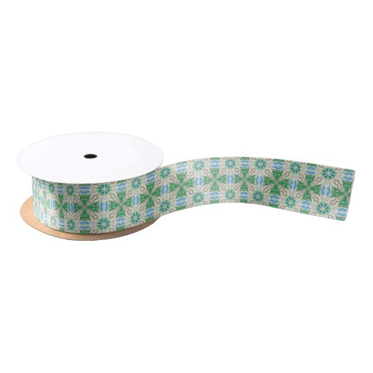 Ruban En Satin Motif géométrique complexe avec des éléments verts (Bobine)