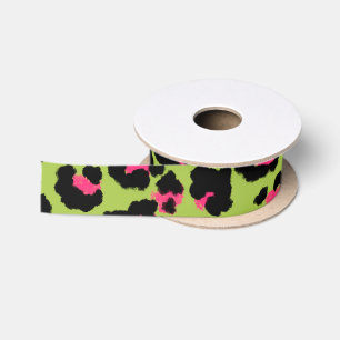 Ruban En Satin Motif léopard en framboise sur fond vert citron