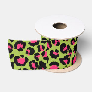 Ruban En Satin Motif léopard en framboise sur fond vert citron