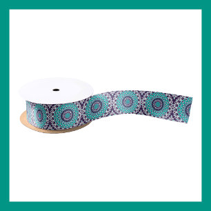 Ruban En Satin Motif mandala abstrait sarcelle et prune