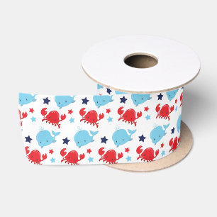 Ruban En Satin Motif Marin Baleines et Crabes