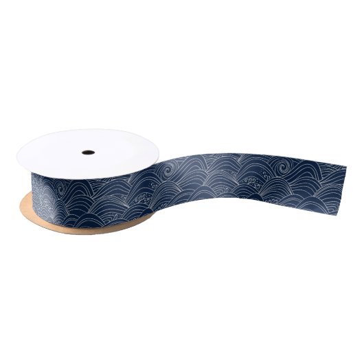 Ruban En Satin Motif motif à vague japonais bleu foncé (Bobine)