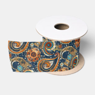 Ruban En Satin Motif Paisley Céleste Bleu Nuit et Or Vintage
