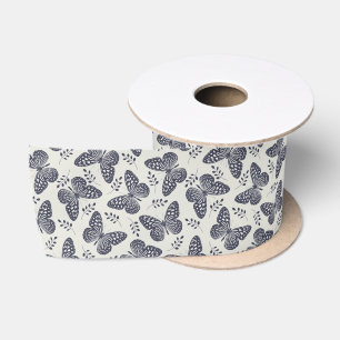 Ruban En Satin Motif papillon bleu foncé sur arrière - plan gris