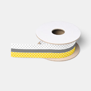 Ruban En Satin Motif Quatrefeuille Jaune et Pointillé Gris