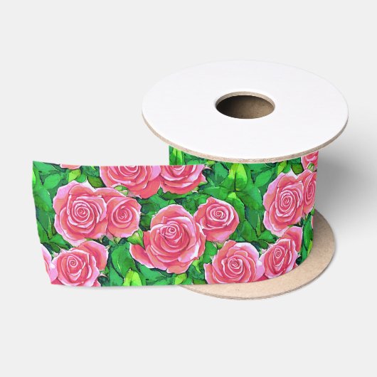 Ruban En Satin Motif Rose rose (Bobine)