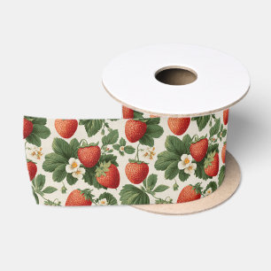 Ruban En Satin Motif vintage aux fraises avec fleurs