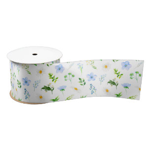 Ruban En Satin Motifs de myosotis et de marguerites avec feuillag