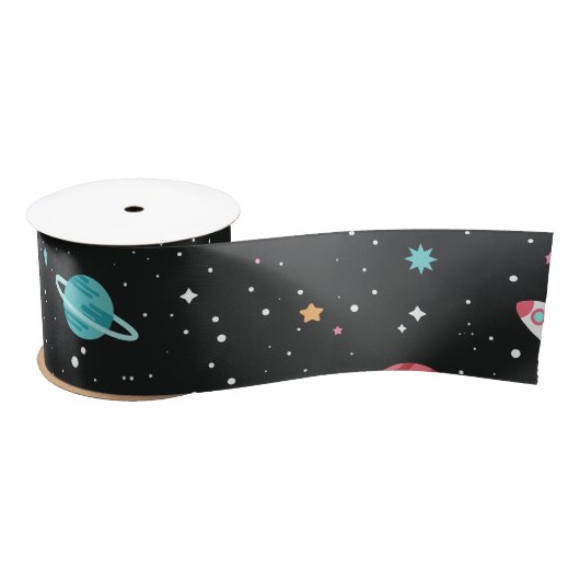 Ruban En Satin Navires spatiaux et planètes en noir (Bobine)