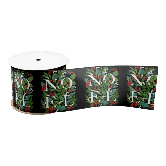 Ruban En Satin NOEL Greenery Berries Noël Noir (Bobine)