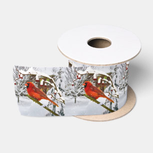 Ruban En Satin Noël, oiseau cardinal rouge et neige
