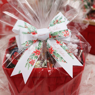 Ruban En Satin Noël poinsettia et verdure à l'aquarelle