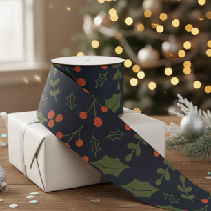 Ruban En Satin Noël Vacances Modernes Foliage Holly Green