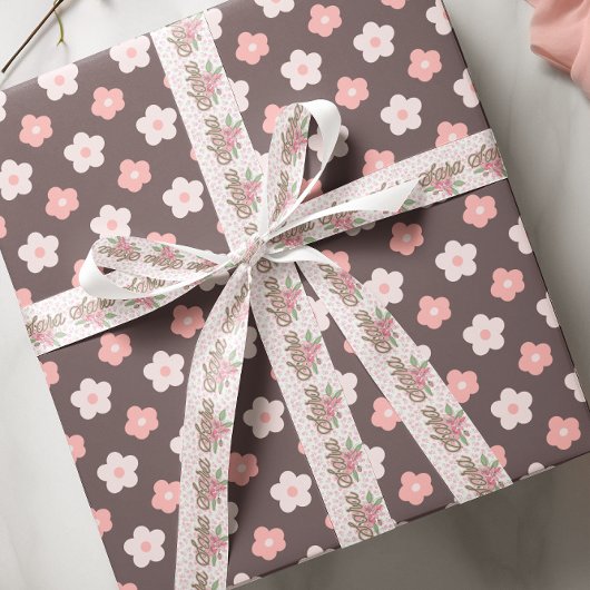 Ruban En Satin Nom floral rose personnalisé