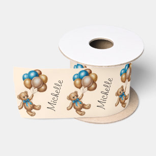 Ruban En Satin Nom personnalisé Cute Bear Gold Blue Ballons