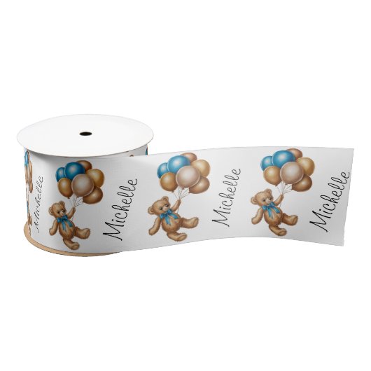 Ruban En Satin Nom personnalisé Cute Bear Gold Blue Ballons (Bobine)