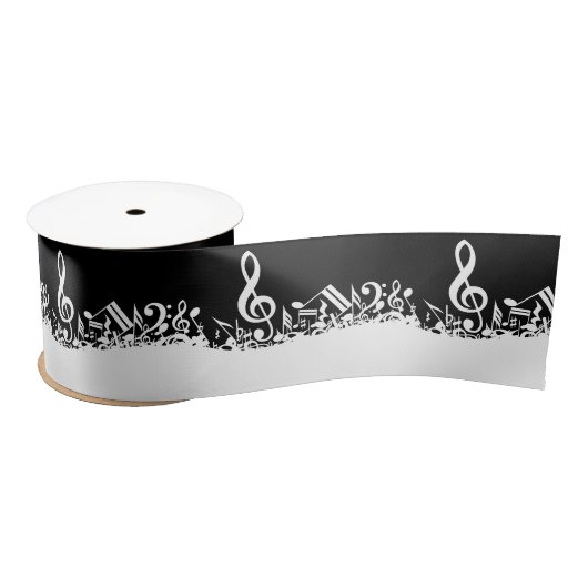 Ruban En Satin Notes musicales brouillées blanches sur le noir (Bobine)