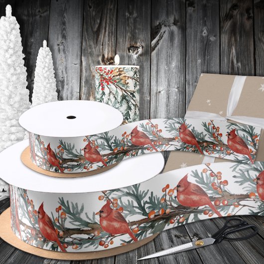 Ruban En Satin Nourriture D'Hiver Des Oiseaux Cardinaux Rouges Su