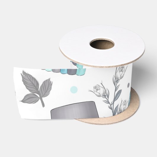 RUBAN EN SATIN OBJETS BLEUS ET GRAY PASTEL (Bobine)