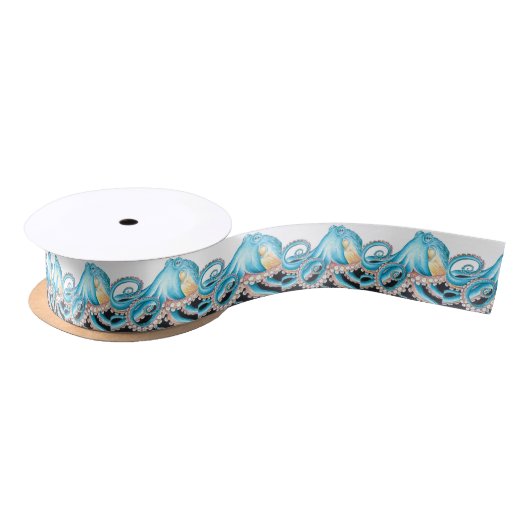Ruban En Satin Octopus Bleu Sur Encre Blanche (Bobine)