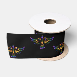 Ruban En Satin Oiseau abstrait doré, violet et vert sur noir