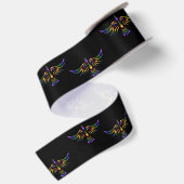 Ruban En Satin Oiseau abstrait doré, violet et vert sur noir (Dos)