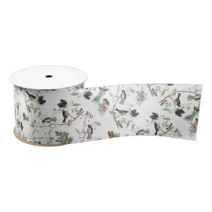 Ruban En Satin Oiseaux de poulet Baies et Pinecones Aquarelle