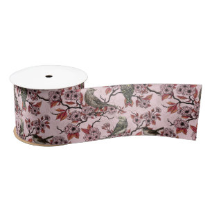 Ruban En Satin Oiseaux et fleurs de cerisier sur fond rose saumon