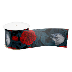Ruban En Satin Oiseaux et fleurs de pivoines rouges avec feuilles