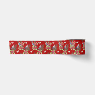 Ruban En Satin Oiseaux, Poinsettias, Épicéa Couleur Personnalisée