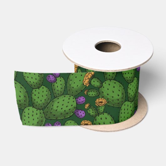 Ruban En Satin Opuntie de floraison sur vert foncé (Bobine)