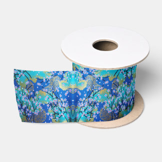 Ruban En Satin Or Gold Blue Kimono Japonais Floral Fleur