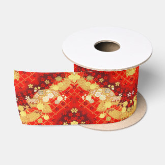 Ruban En Satin Or Kimono Japonais Fleur Florale Rouge Vintage