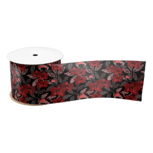 Ruban En Satin Orchidées rouges sur noir.