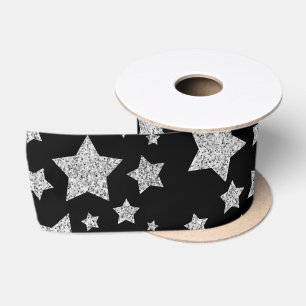 Ruban En Satin Pailletés argentés scintillent Motif étoiles noir