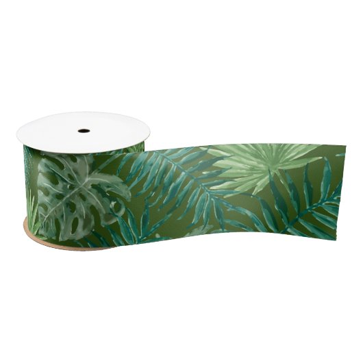Ruban En Satin Palmier Tropical Feuille Motif vert (Bobine)