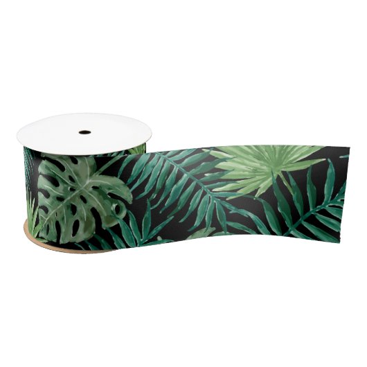 Ruban En Satin Palmier tropical Feuille Motif vert noir (Bobine)