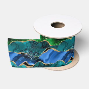 Ruban En Satin Paon bleu et vert Fausse agate scintillante
